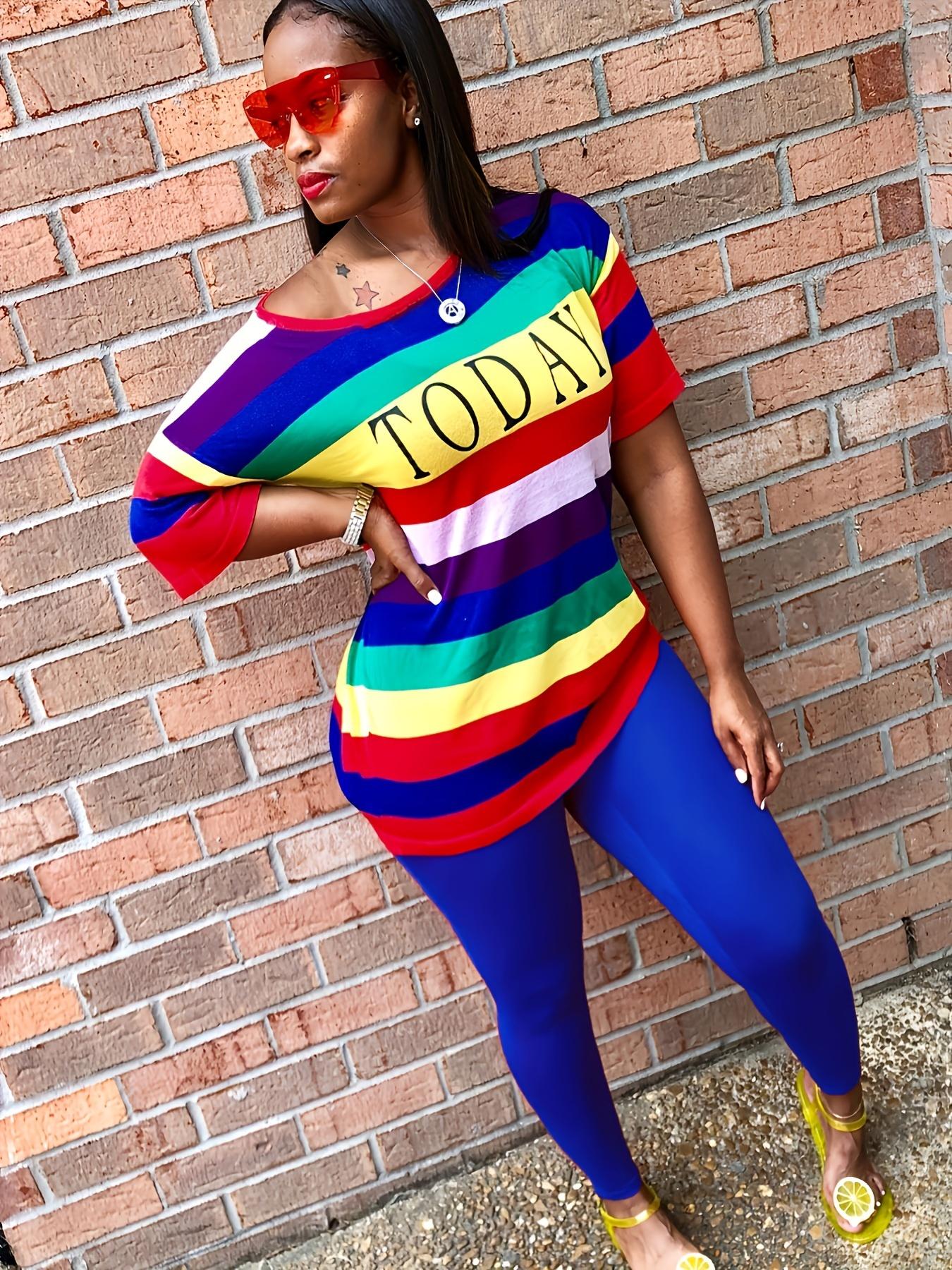 

Осенний модный спортивный женский комплект, футболка в радужную полоску с буквенным принтом, узкие брюки-карандаш, костюм из двух предметов, элегантный спортивный костюм S синий