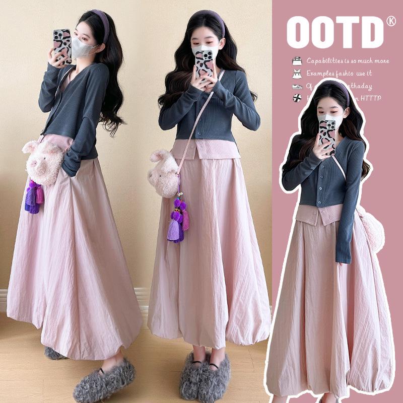 Elegant Korean Maternity Two-Piece Set: Fake Top & Floral Skirt (Spring 2026) M