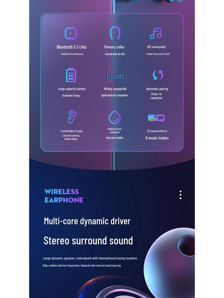 Wireless Neckband Bluetooth Earphones 5.0 with True Stereo, Deep Bass, and Long Battery Life for Sports.
