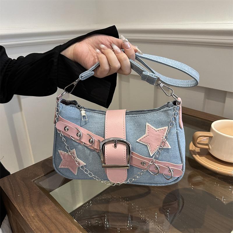 Borse a Tracolla Catena Y2K Hot Girl con Motivo a Stelle per Donna Borsa a Mano Nera Rosa Borsa di Lusso Designer Grunge Borsa a Tracolla Stile Gotico Motor
