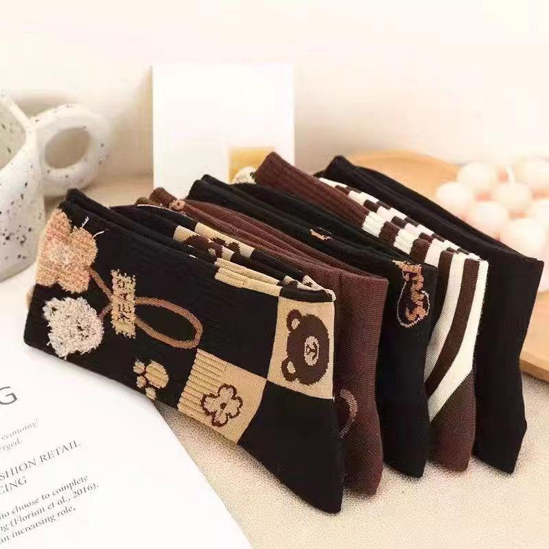 1/5 Pairs Women's Autumn Winter Mid Tube Socks Internet Famous Hot Item Instagram Trendy New Three-dimensional Cute Little Bear