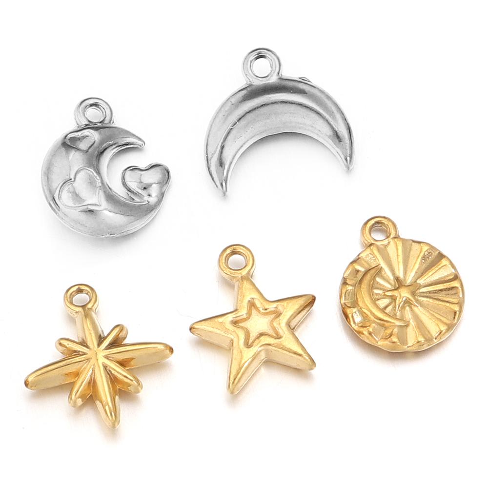 5pcs/lot High Quality Stainless Steel Pendant Star Moon Round Shape Fashion Charms For Jewelry Making DIY Necklace Earrings Gift