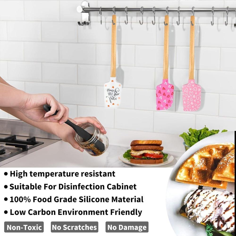 3 Pcs Wooden Handle Silicone Spatulas Heat Resistant Baking Spatulas with Pink Satin Ribbon Bows for Cooking Baking Tools