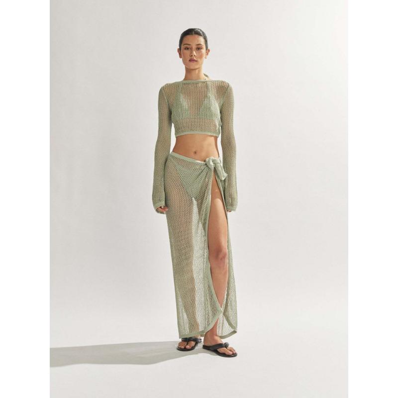 Damen Sexy Anzug Sommer Neu Durchsichtig Kurz Rückenfrei Langärmeliges Oberteil Hoch Offener Schlitz Halbkörper Langer Rock Strickware