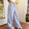 Women Blue Striped Straight Leg Wide Leg Pants Casual Style