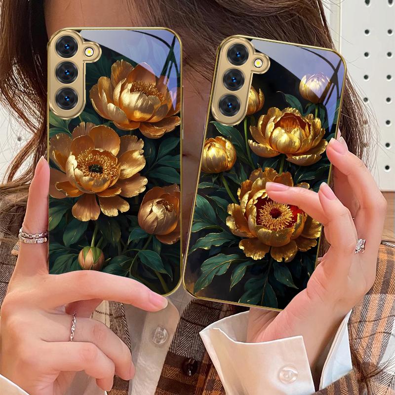 Prosperous Golden Peony For Samsung Galaxy S20 FE S21 S22 S23 Plus S24 Ultra 25Ultra S21+ S9+ S22Plus Golden Glass Phone Case