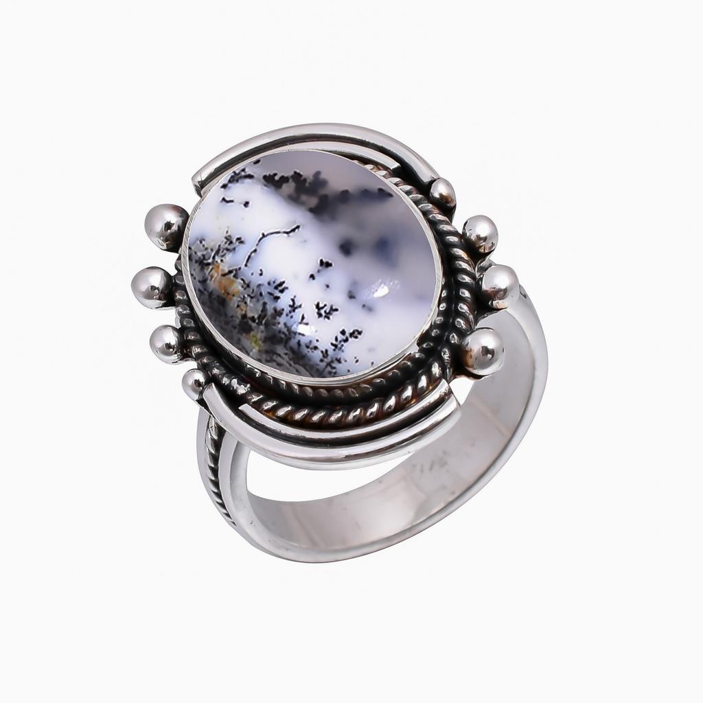 Dendritic Agate - Brazil 925 Sterling Silver Ring V5027, White Ring, Oval Ring, Valentin's Day Gift, Gift For Her, Birthday Gift, Handmade Jewelry, Si
