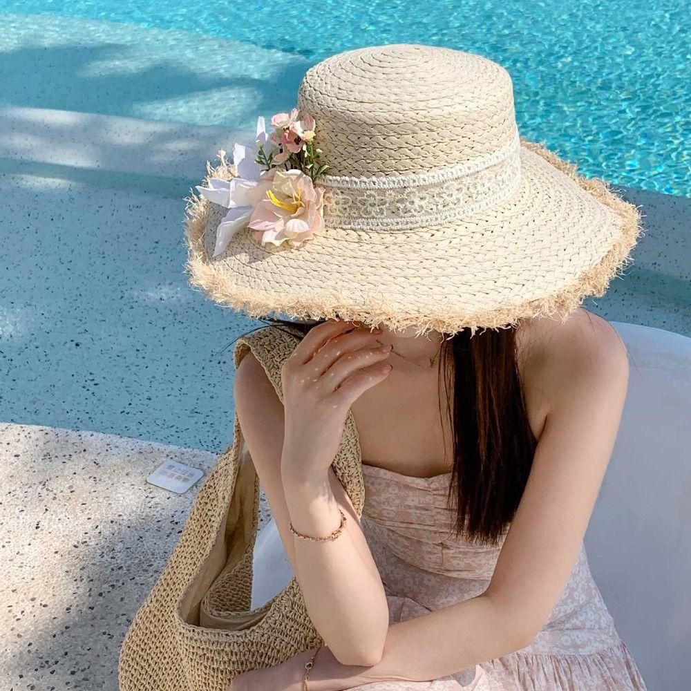 Boho Lace Flower Straw Hat Tassel Edge Women's Sun Hats Fashion Weave Flat Cap Outdoor