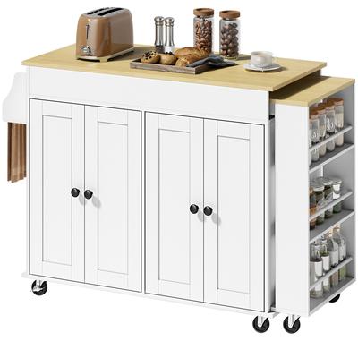 Kitchen Island with Wheels Extendable Countertop 4 Doors Adjustable Shelves Spice Rack and Towel Holder White