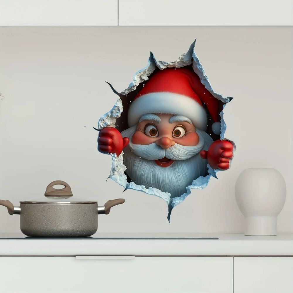 3D Christmas Wall Stickers Cartoon Vinyl Break-Through Wall Decal Removable Santa Claus Holiday Decoration Home Living Spaces