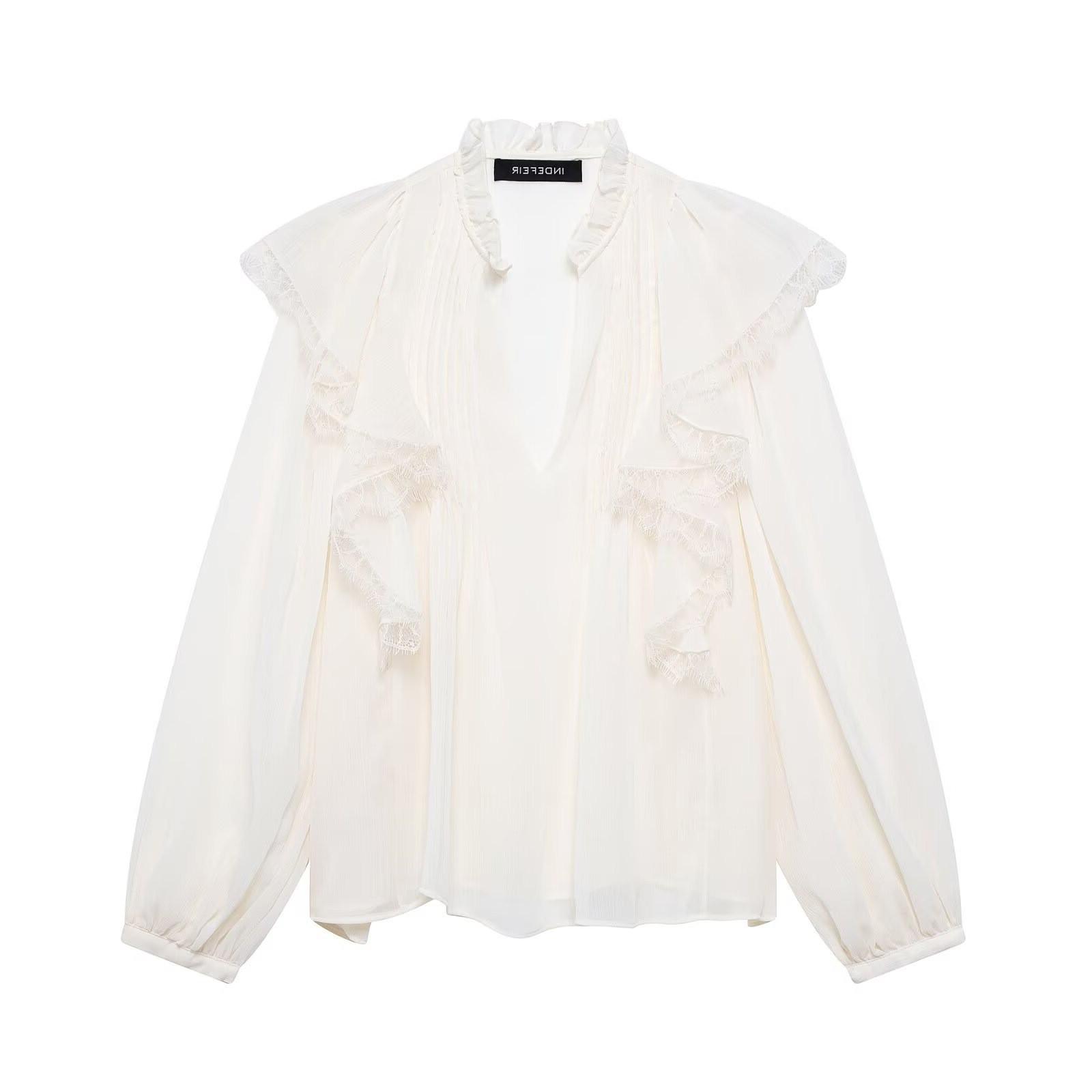 

TAOP&ZA Women s Lace Layered V-neck Long Sleeve Elegant Shirt - Spring/Summer M