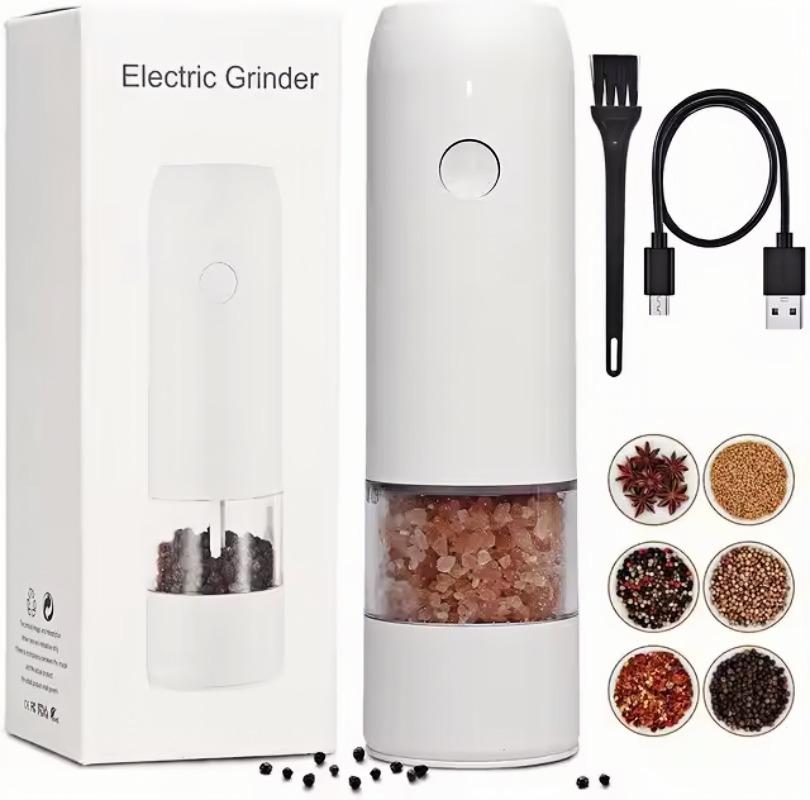 

Электрическая автоматическая мельница для соли и перца, набор перезаряжаемых с USB-портом, гравитационная мельница для специй, регулируемая мельница для специй, кухонные принадлежности White