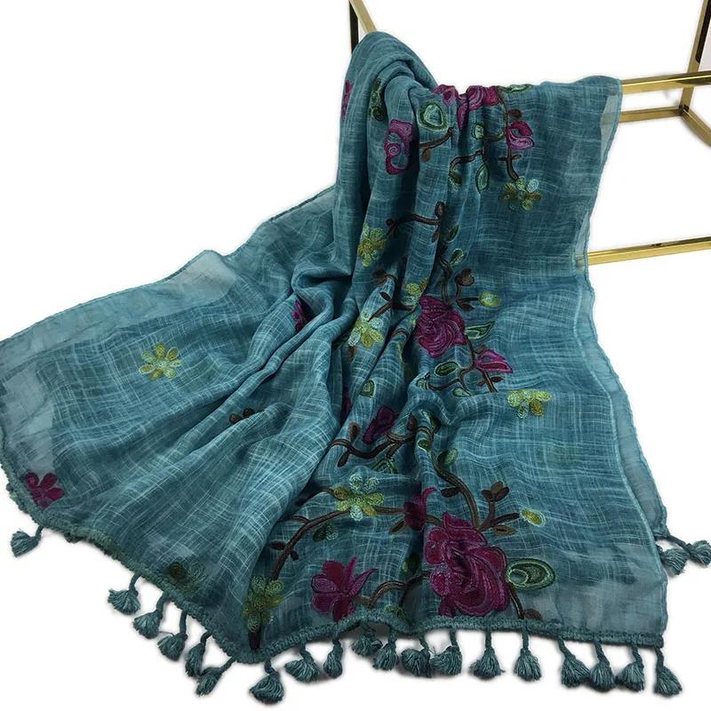 Embroidered Tassel Cotton Hijab for Muslim Women Scarf Floral Shawl Tassel Scarves Woman Large Hijabs Tie-dye Vintage Headscarf