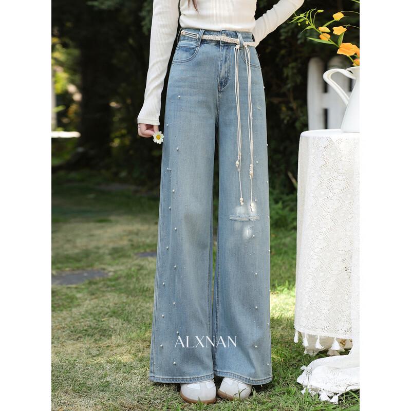 Luxiangnan Women s High-Waist Loose Straight-Leg Jeans S