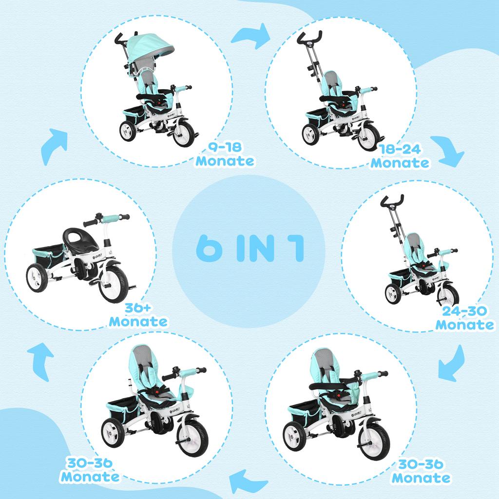6-in-1 Children's Tricycle, Push Bar, Canopy, Harness, Storage Basket, 1-5 Years, Green