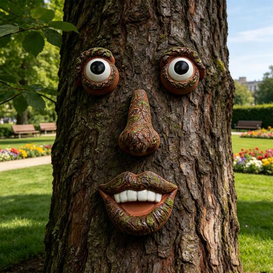 Baumgesicht Ornament Gesichtszüge Outdoor-Statuen Harz Wetterfest Gartendekoration für Hof Baumstumpf