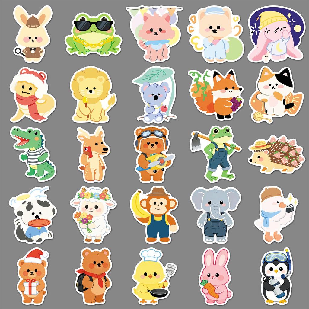 50 Cute Animal Stickers: Hand-Painted, Waterproof Cartoon Decorations for Phone and Thermos