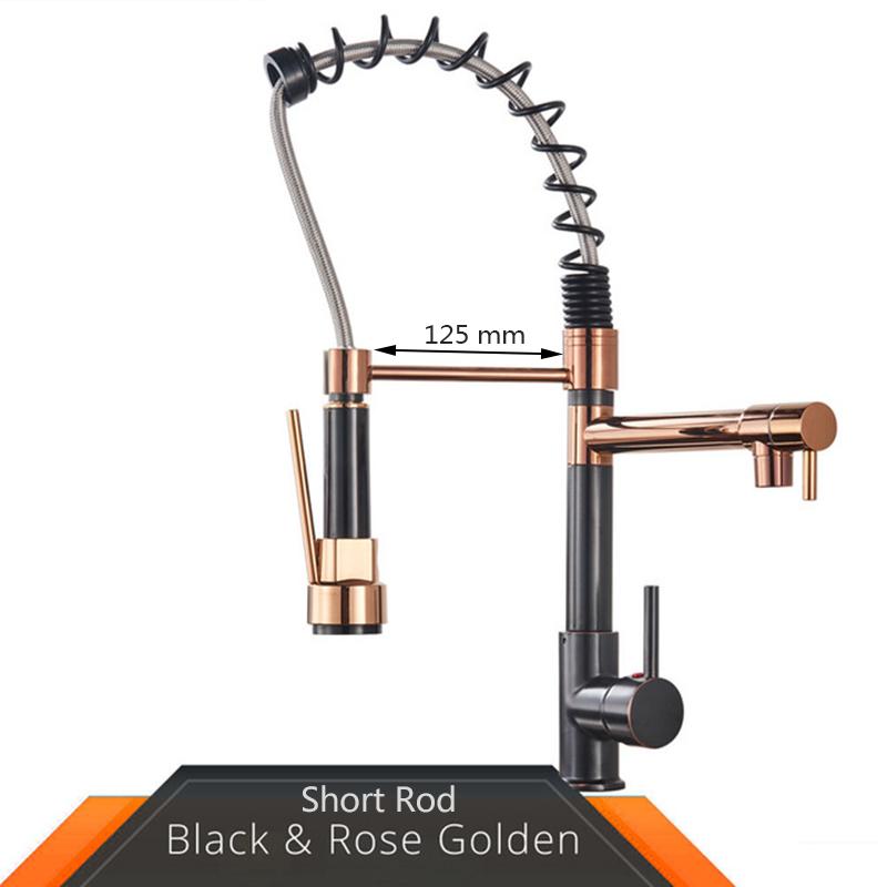 Rubinetto da Cucina Rozin Nero e Oro Rosa a Molla Estraibile Miscelatore Acqua Calda e Fredda Rubinetto a Cascata con Doppia Uscita Montaggio su Lavello
