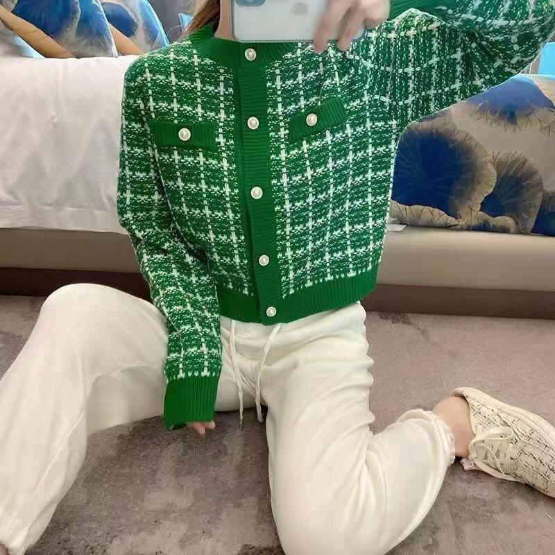 Early Autumn Sweater Women Knitted Cardigan New Year 2022 Spring and Autumn Checker Red Small Fragrant Coat O Neck Sweater