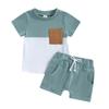 Baby Boys Summer Clothing Sets Short Sleeve Contrast Color Tops + Solid Color Drawstring Shorts 2pcs Outfit