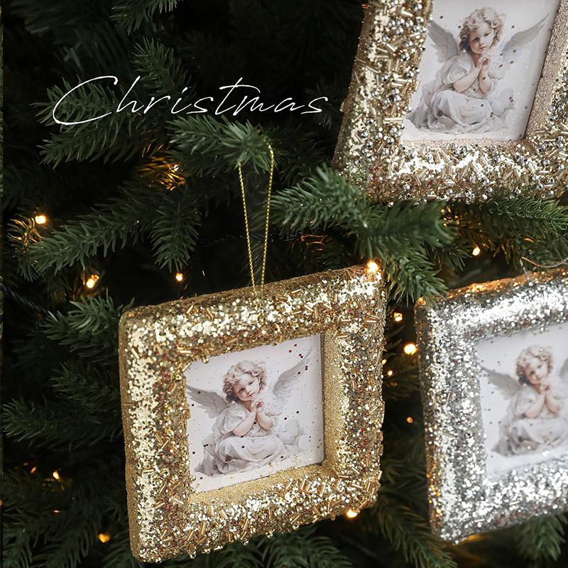 Foam Frame Angel Christmas Tree Pendant Golden Silver Square Circular Frame Hanging Christmas Decoration