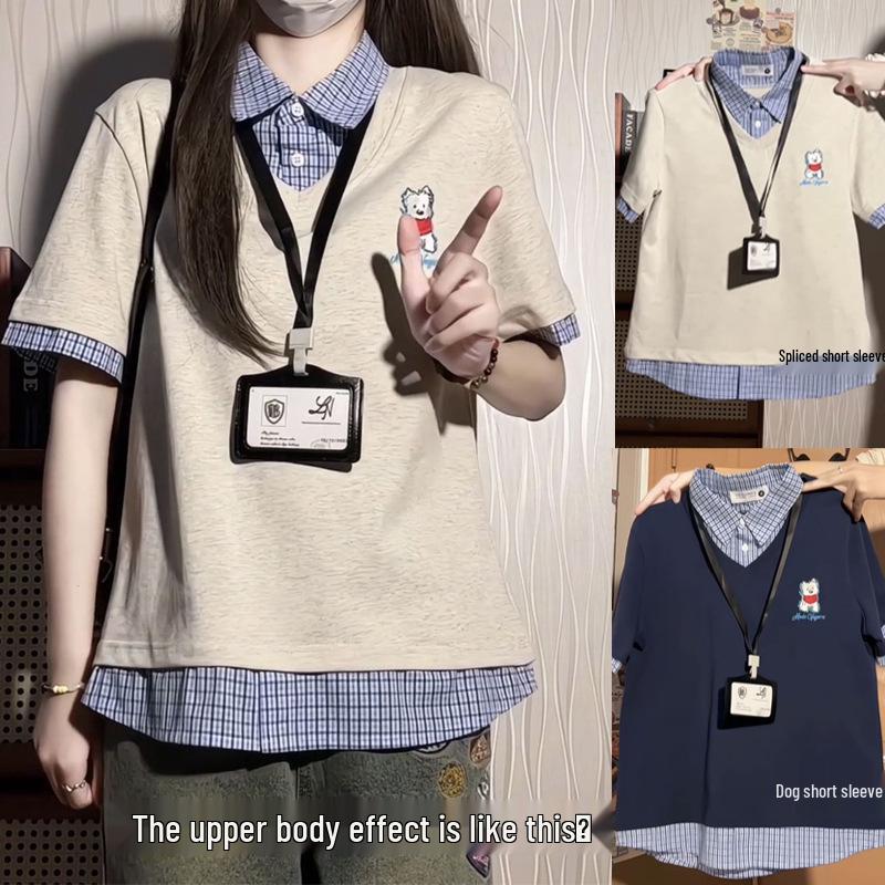 

Women s Retro Puppy Print Plaid Polo T-Shirt - Pure Cotton, Short Sleeve, Summer Fit M [90-105 lbs]