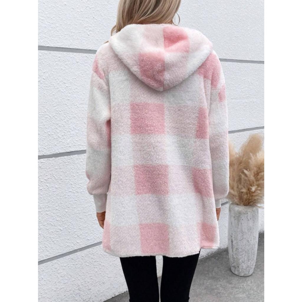 Women's Autumn and Winter Hooded Plaid Warm Top, Mid To Long Plush Cardigan Jacket
