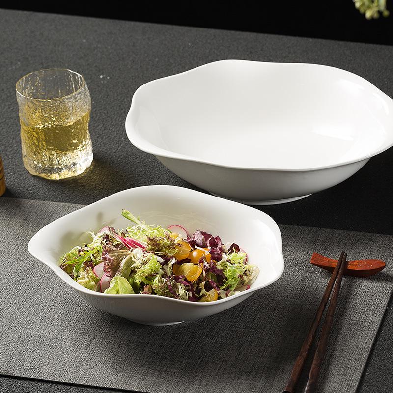 Pure White Irregular Soup Bowl Household Ceramic Salad Bowl Noodle Bowl Hotel High-End Cold Dish Soup Plate Artistic Conception Dish Tableware