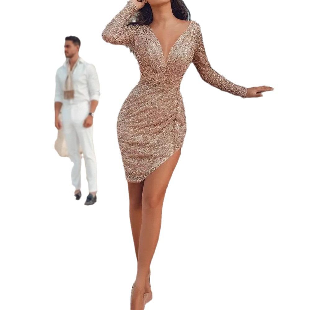Nell'autunno d'Europa, America, il nuovo desiderio di abbigliamento da donna Dunhuang sexy scollatura a V profonda manica lunga aderente tubino