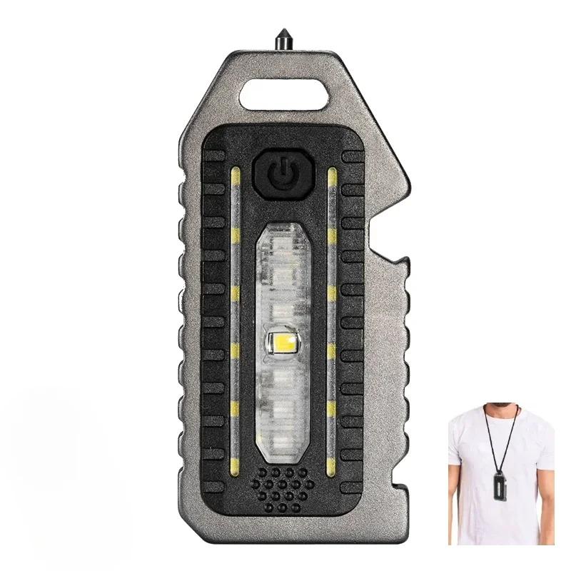 Portable LED COB Multi-functional Flashlight Keychain Outdoor Emergency Survival Whistle Bottle Opener Broken Window Hammer