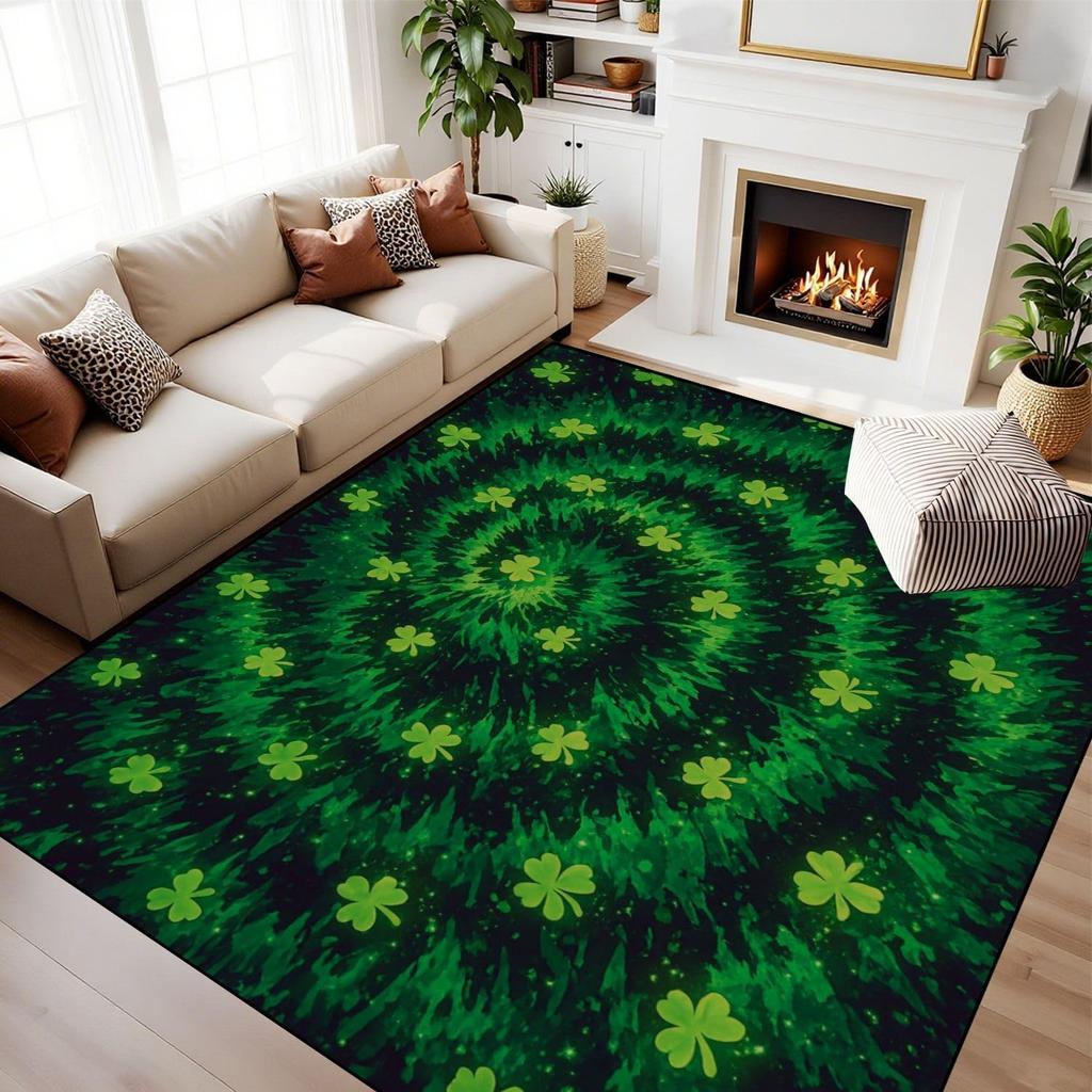St. Patrick's Day Area Rug Green Clover Shamrock Bowknot Print Home Decor Living Room Carpet Soft Non-Slip Mat Holiday Gift