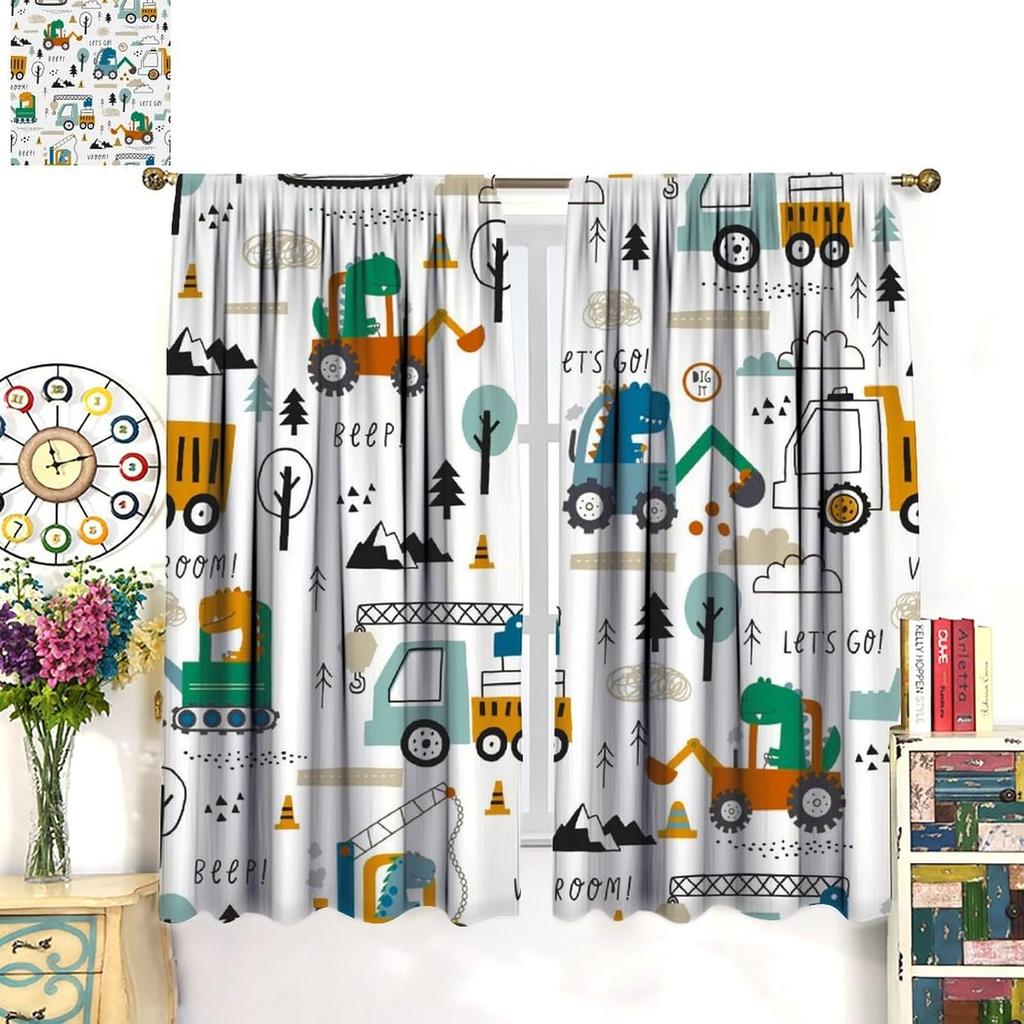 Dinosaur Construction Curtains For Boys,Cartoon Forest Architectural Site Dinosaur Excavator Tractor Truck Window Drapes Print
