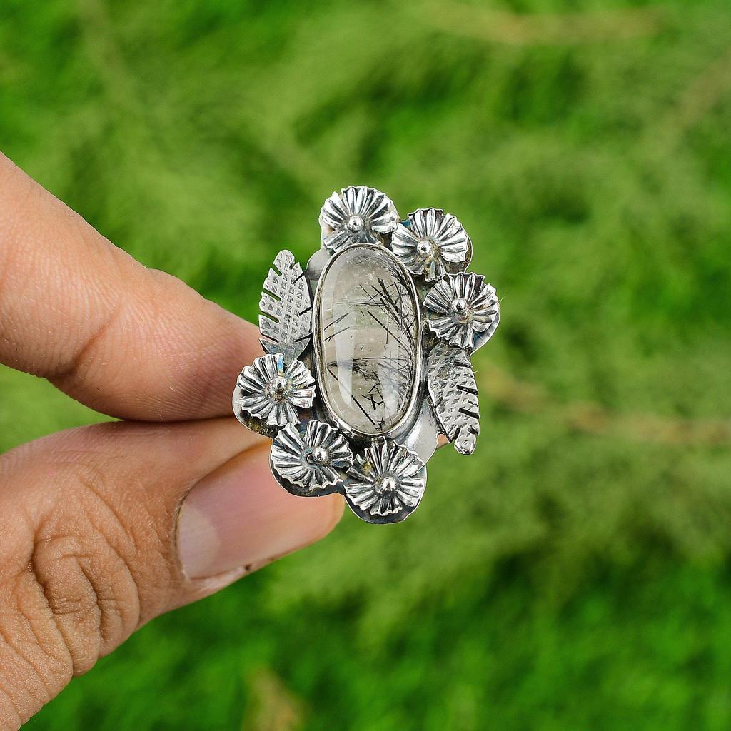 925 Silver Natural Black Rutilated Quartz Statement Flower Adjustable Ring