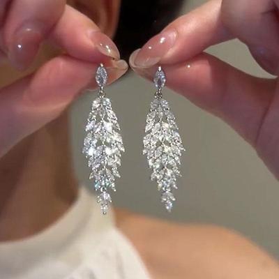 Zircon Leaf Wheat Ear Tassel Earrings Women's Fashion Temperament Cold Wind Earrings Light Luxury High-end Earrings Women