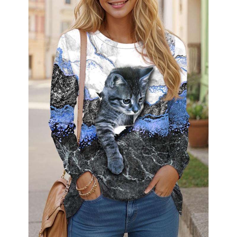 Women's T shirts 3D Print Art Design Cat Pattern Long Sleeve Daily Weekend Fashion Funny Round Neck Regular Fit Spring & Fall