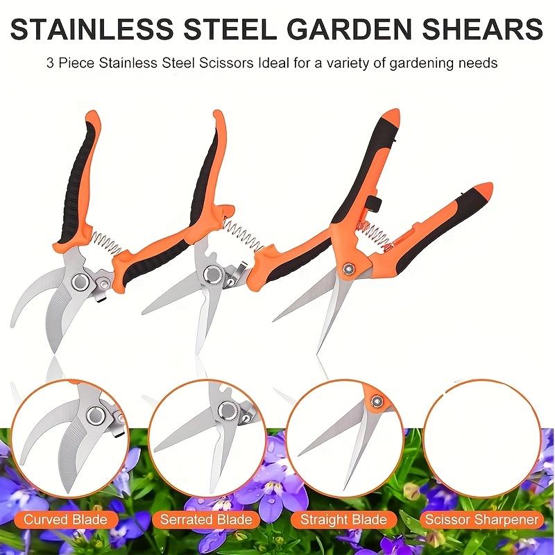 3pcs Garden Pruning Shears Set - Stainless Steel, Non-Slip Handles, Labor-Saving High-Tension Springs, Metal Blade Trimmers for Efficient Gardening