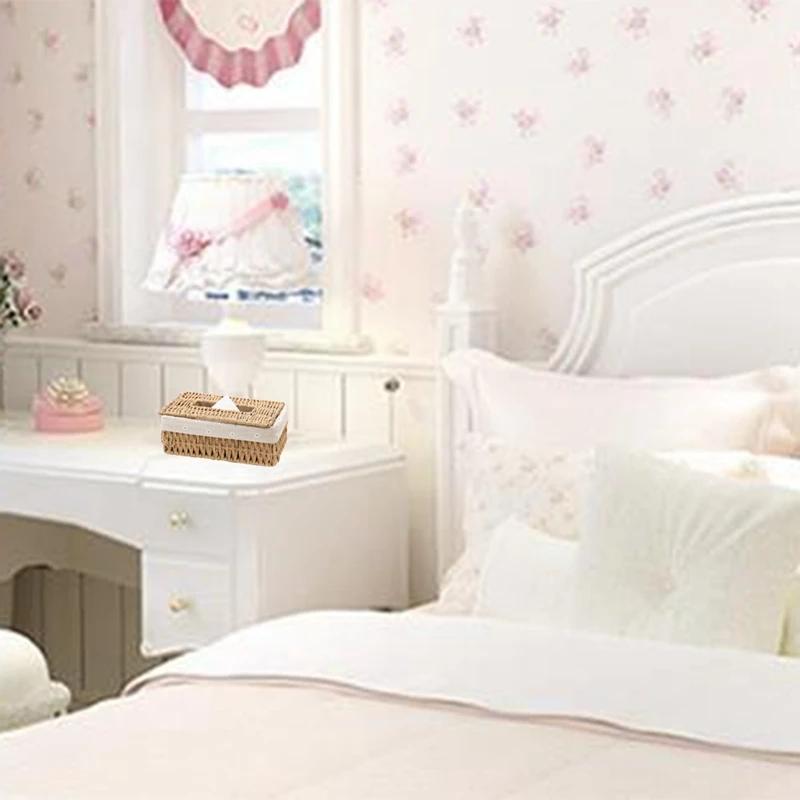 Creative Handmade Rattan Tissue Box Household Paper Storage Basket Home Decoration Khaki Floral Style 1 PCS