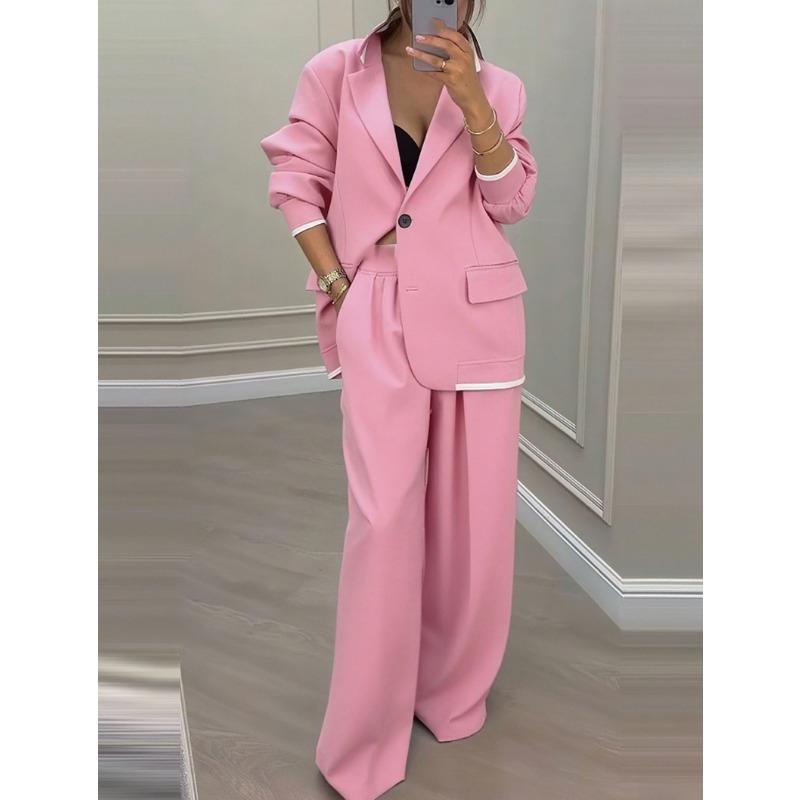Dames Pantalonsuit Los Effen Kleur Herfst Winter Lange Mouwen Revers Wijde Pijpen Broek Tweedelig Pak