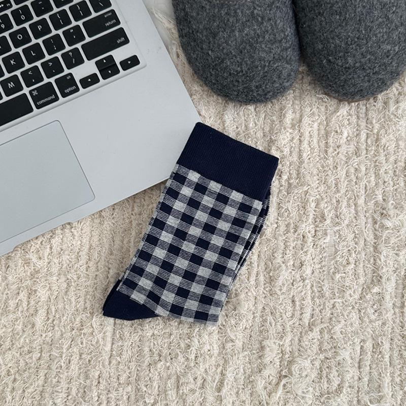 Korean Style Blue & White Plaid Mid-Calf Socks for Women - Academy Style, Perfect for Spring & Autumn, Ideal with Small Leather Shoes
