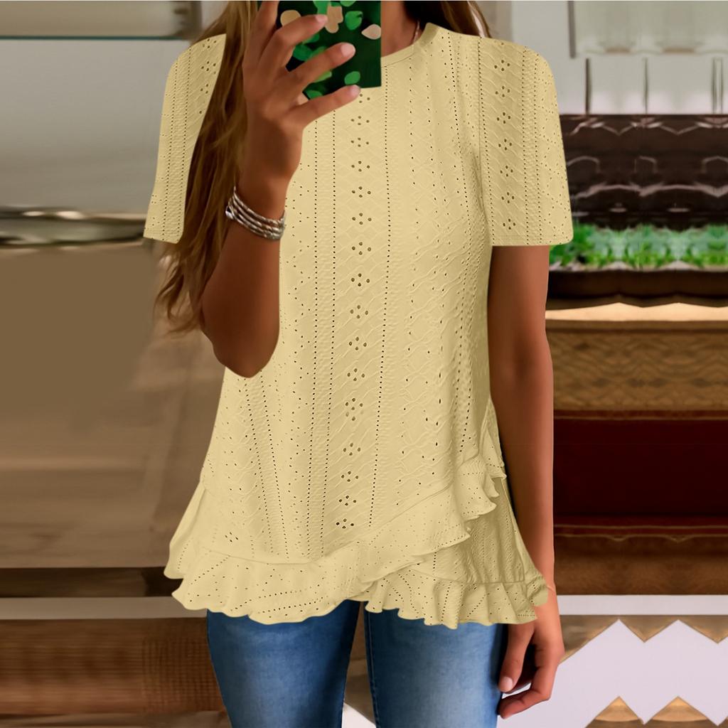 Femei vară top evazabil mânecă scurtă O-gât cămașă lejeră croială primăvară modă casual haine