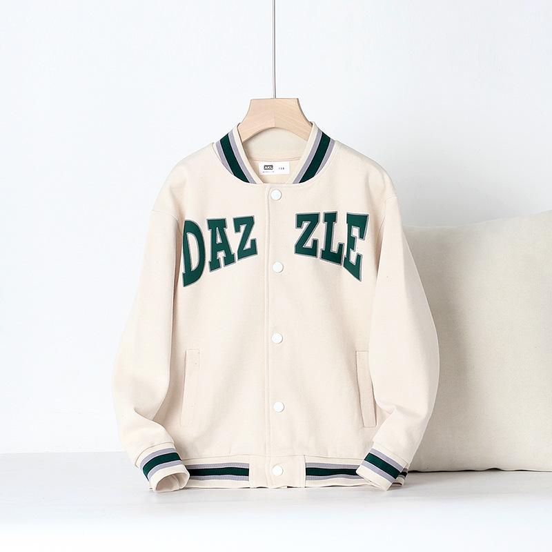 Korean Style Kids' Letter Stand Collar Baseball Jackets for Spring & Autumn