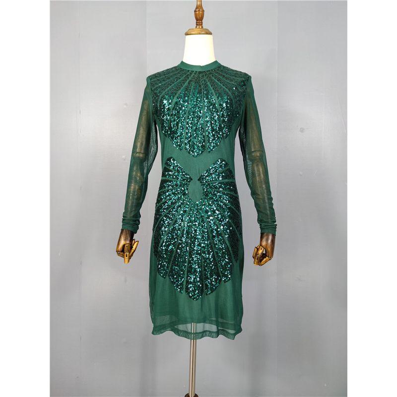 

Экспорт Одиночный Французский Романтический Социальный Темперамент Блестки Блестящая Вышивка Клетка Сетка Длинный Рукав Узкое Платье на День Рождения Green S