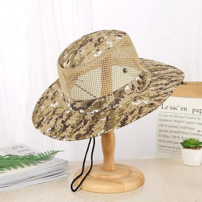 Men's Camo Mesh Sun Hat Wide Brim Breathable Bucket Hat UV Protection Outdoor Fishing Cap