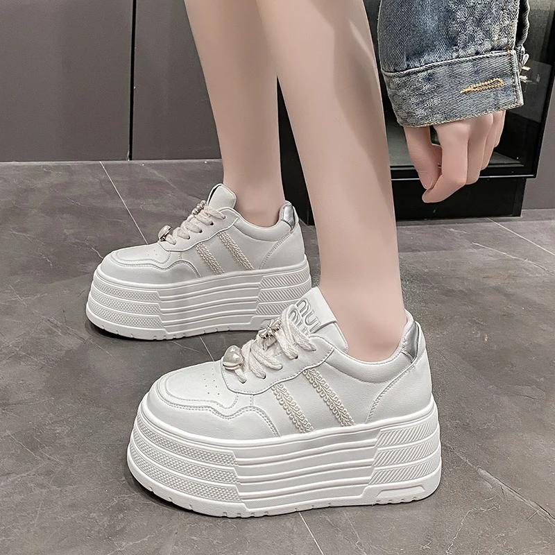 

8cm Leather Flats Casual Dad Shoes Chunky Sneakers 2025 Women Platform Sports Shoes Ladies Skateboard Hidden Heels Shoes Tennis 35 білий