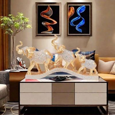 1 Stück Harz Feng Shui Goldene Drei Elefanten Dekorative Ornamente, Elefanten Sammlerstatuen, Geeignet für Zuhause, Schreibtisch Dekoration Ornamente