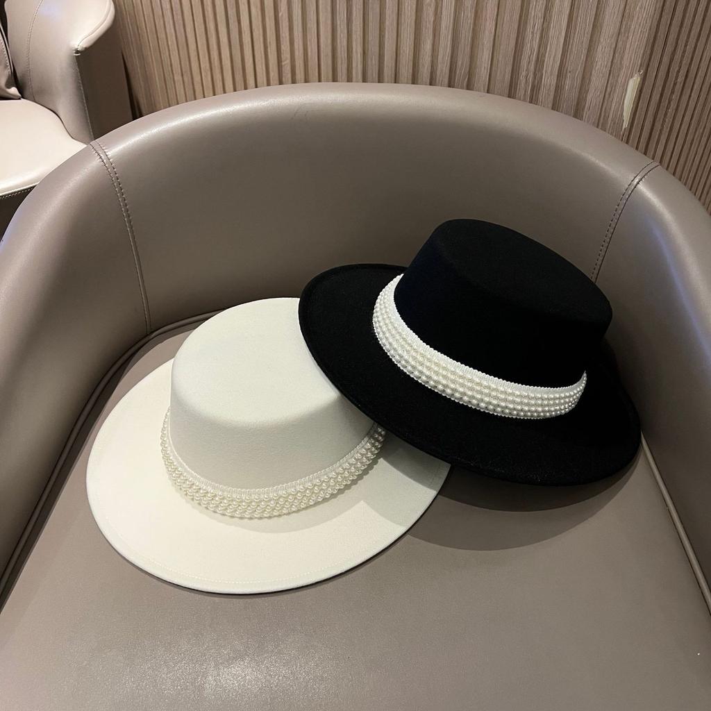 French celebrity style autumn and winter pearl flat top top hat women's fashion British warm wide brim woolen hat felt hat tide