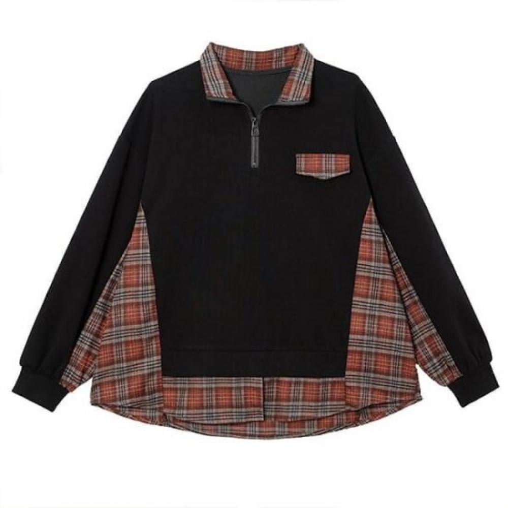 Navava Women Check PaTchwork Long Sleeve Half Zip T shirT nT2167