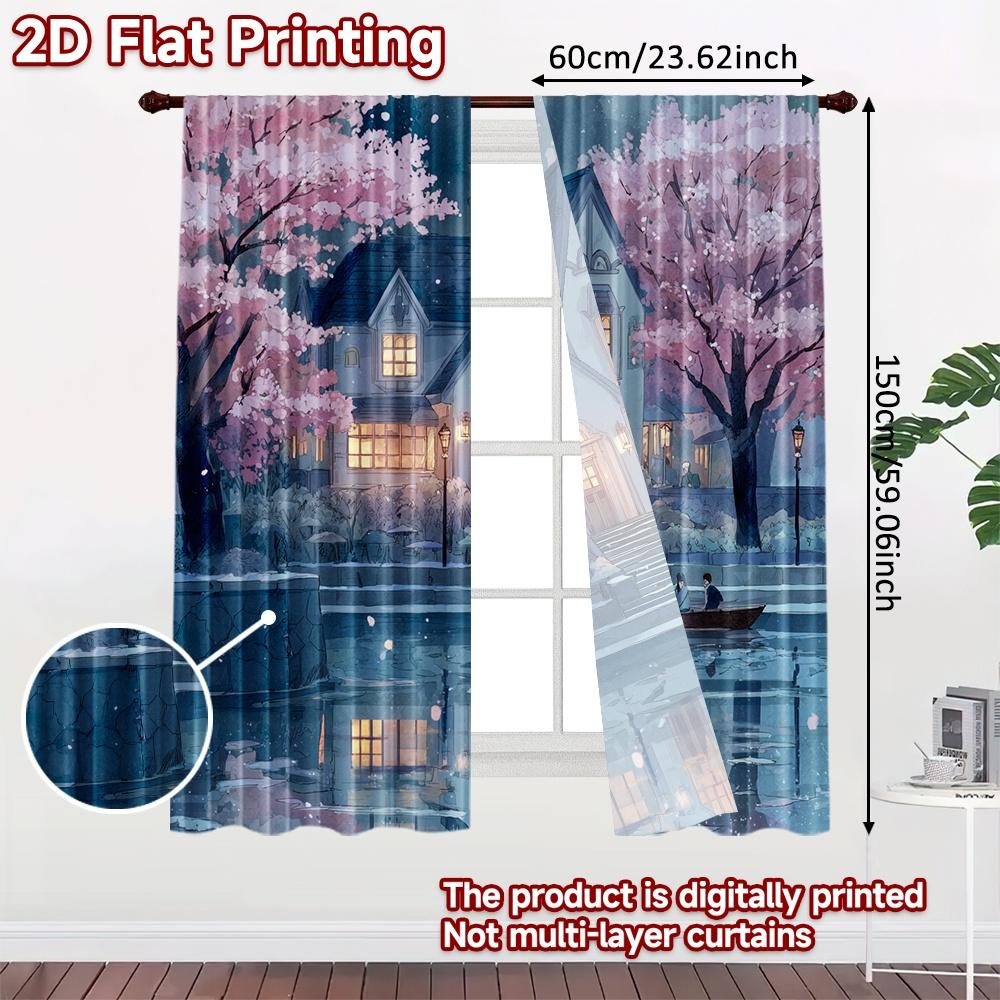 2pcs, 2D FLAT PRINTING Curtains (Without Rod) Fairy Cottage Halloween Festival Creative Curtains Durable Polyester Fabric