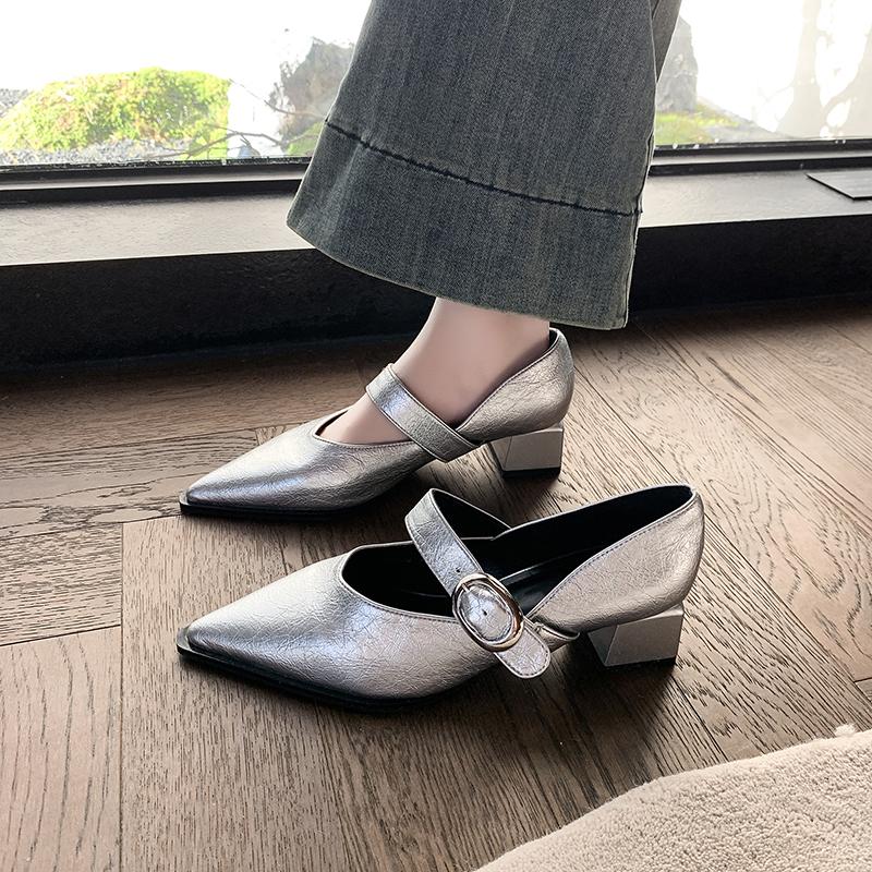 Fashion 2025 Spring New Low Heel Shoes Women's Pointed Head Shallow Mouth Metal Buckle Soft Sole Non-slip Low Top Shoes
