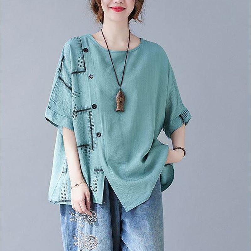 

Летние хлопковые футболки из конопли большого размера, женские асимметричные однотонные пуловеры с круглым вырезом и короткими рукавами, модные универсальные топы